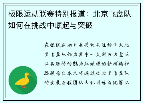 极限运动联赛特别报道：北京飞盘队如何在挑战中崛起与突破
