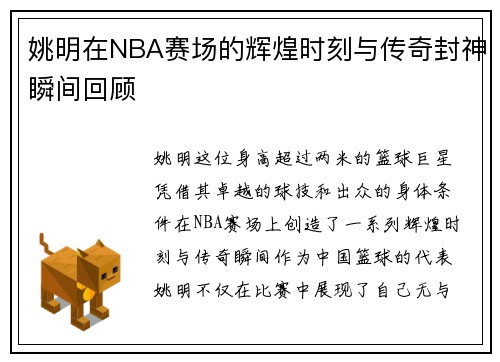 姚明在NBA赛场的辉煌时刻与传奇封神瞬间回顾